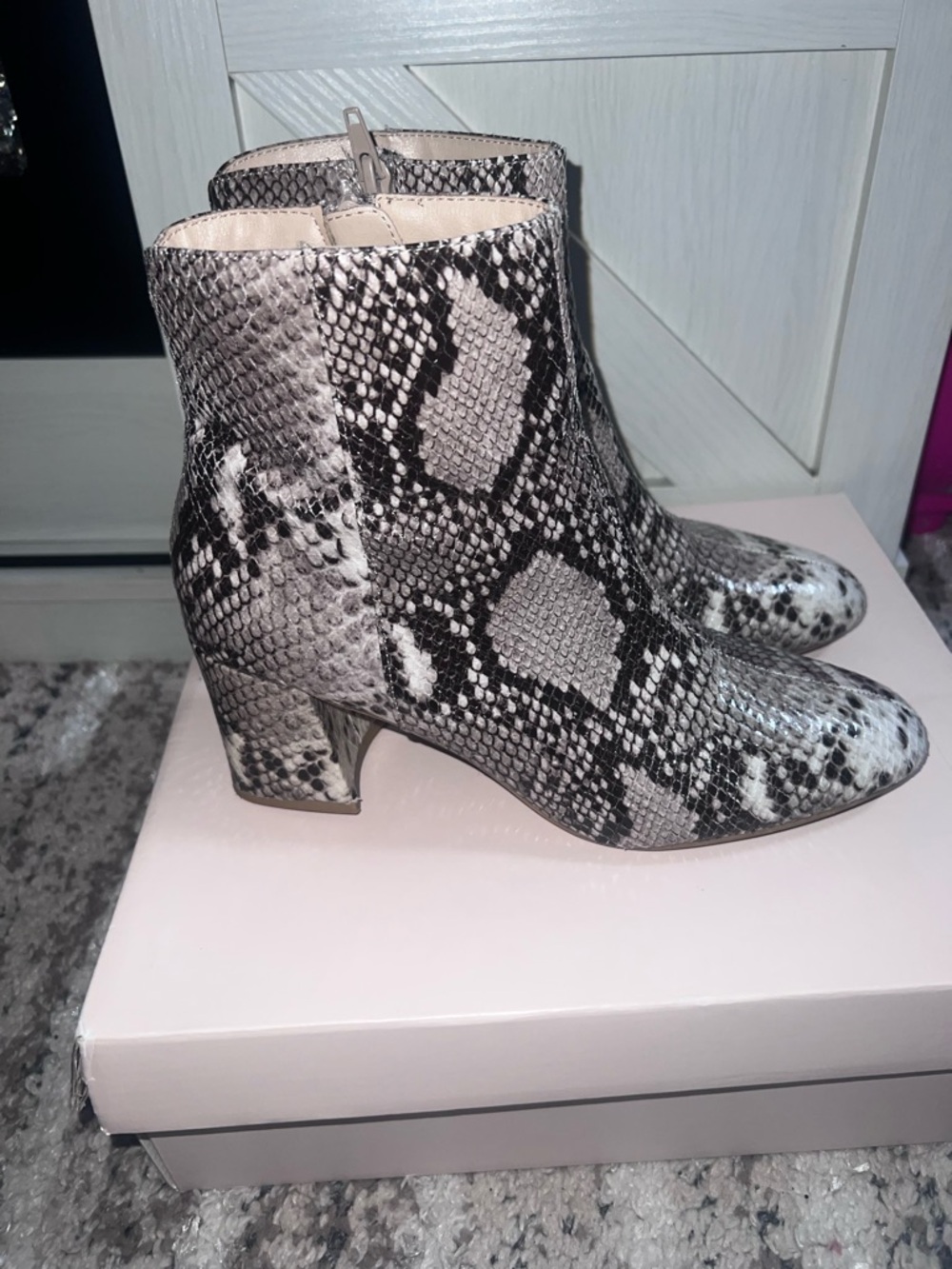 Chinese Laundry Snake-Print Ankle Boots in Gray and Black